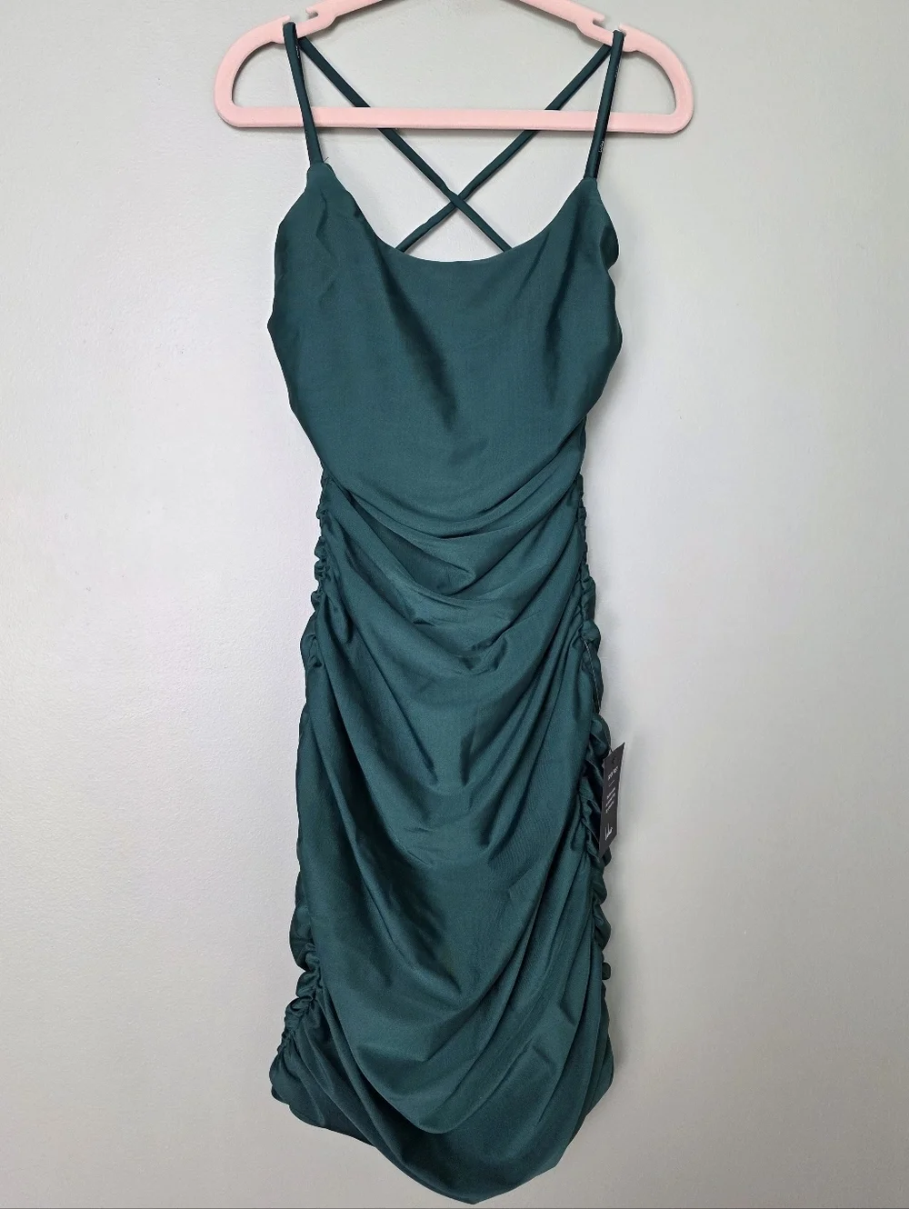 Lulus Confident Allure Emerald Ruched Lace-Up Bodycon Mini Dress, Small, NWT!